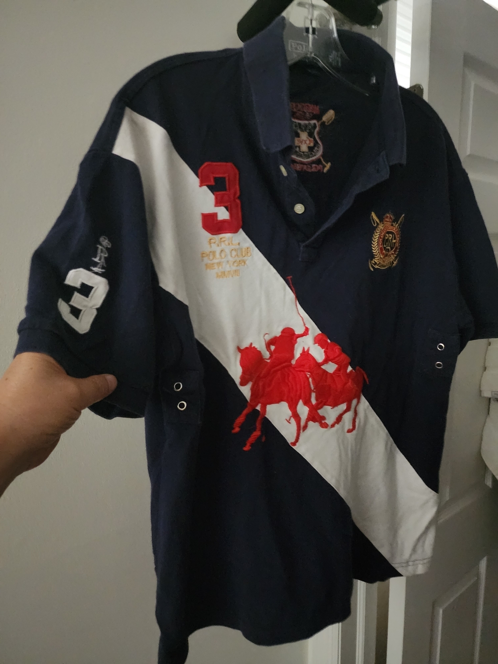 Ralph Lauren Navy Polo with White Diagonal and Red Polo Graphic. Unisex. XS-S.